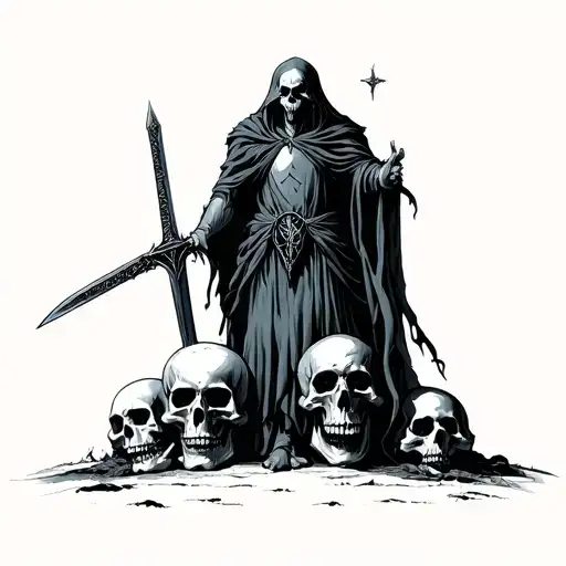 necromancer with sword standing on skulls  tattoo design idea
