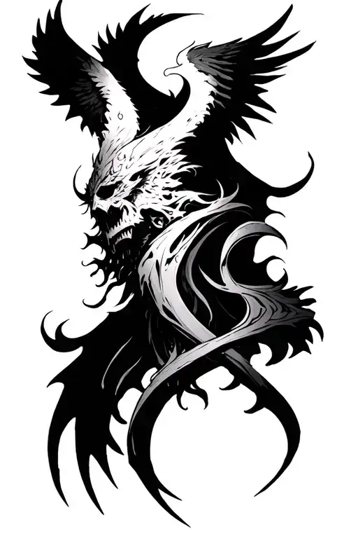 A gothic flat sleeve tattoo design, shoulder to wrist (~18–20 inches). Outer arm centerpiece: The Dark Urge (from Baldur tattoo design idea