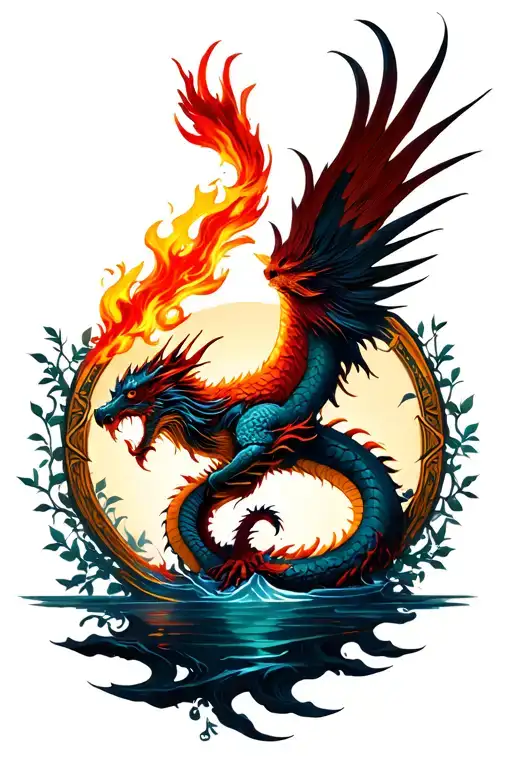 pheonix, fire, roman circle, japanese dragon, water, vines tattoo design idea