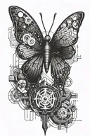 Tattoo design with butterfly and cyberpunk elements in cyberpunk style in monochromatic colors, outline drawing tattoo design idea