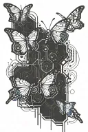 Tattoo design with butterfly and cyberpunk elements in cyberpunk style in monochromatic colors, outline drawing tattoo design idea