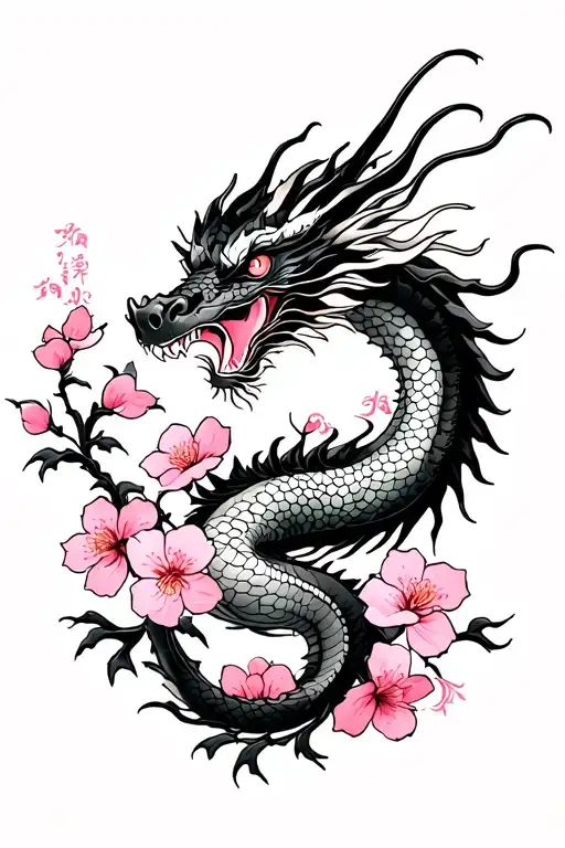 dragon cherry blossom black and white pink tattoo design idea