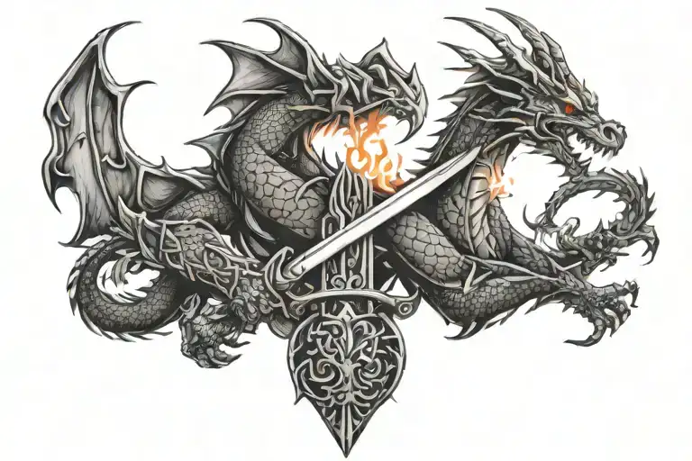 dragon wrapped around a sword with flames right arm tattoo design idea