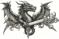 dragon wrapped around a sword with flames right arm tattoo design idea