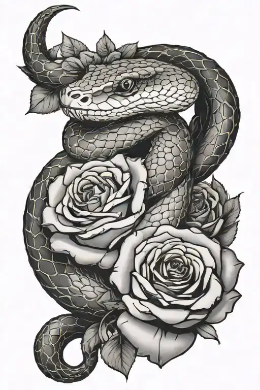 snake wrapped around rose bouquet tattoo design idea