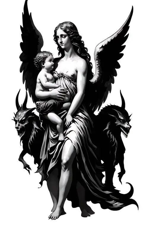 female angel, holding a baby, using her wings as a shield to protect the baby against the devils demons tattoo design idea
