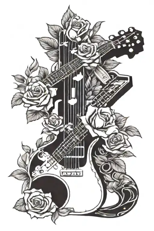 roses sleeve featuring a cross, duck, and a guitar laying in the flowers  tattoo design idea