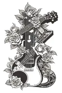 roses sleeve featuring a cross, duck, and a guitar laying in the flowers  tattoo design idea