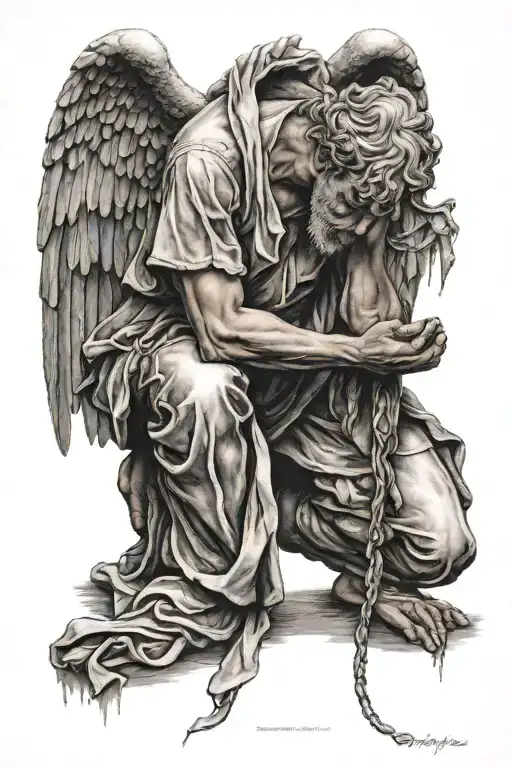 Angel on his knees praying tattoo design idea