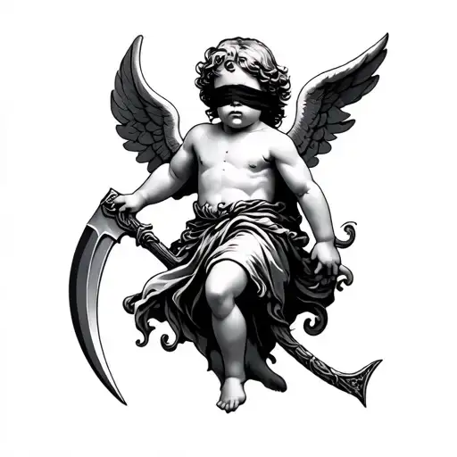 blindfold cherub holding scythe hovering tattoo design idea