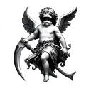 blindfold cherub holding scythe hovering tattoo design idea