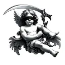 blindfold cherub holding scythe hovering tattoo design idea