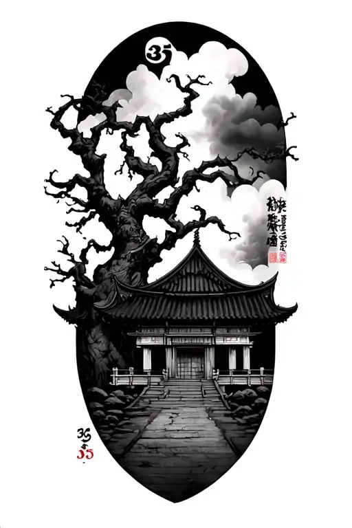Japense Haunted/Abandoned temple with the number 35 and single poison tree ( a tree with no flowres nor leafs) tattoo design idea