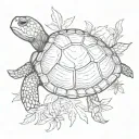 A turtle but on the shell I want a palm tree with a sea star and a shell fish and add a monoï flower tattoo design idea