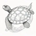 A turtle but on the shell I want a palm tree with a sea star and a shell fish and add a monoï flower tattoo design idea