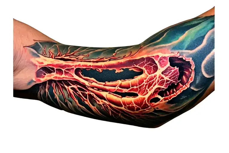 The tattoo will be on your forearm. It looks like this: the arm is split and you can see torn meat, tendons, etc., as we tattoo design idea