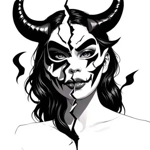 woman wearing broken oni mask split in half tattoo design idea