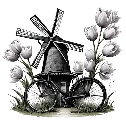 windmill and cycle tulips tattoo design idea