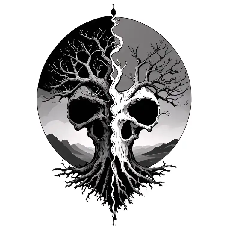 tree with half the braches dead and half alive tattoo design idea