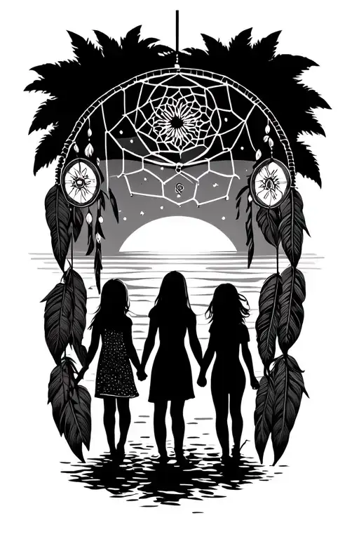 A Mom, daughter and son holding hands walking toward a sunset inside a dream catcher  tattoo design idea