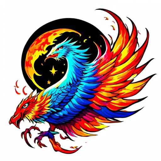 full sleeve  from backside of hand to shoulder of a Phoenix rising from a black moon is surrounded by colorful flames  tattoo design idea