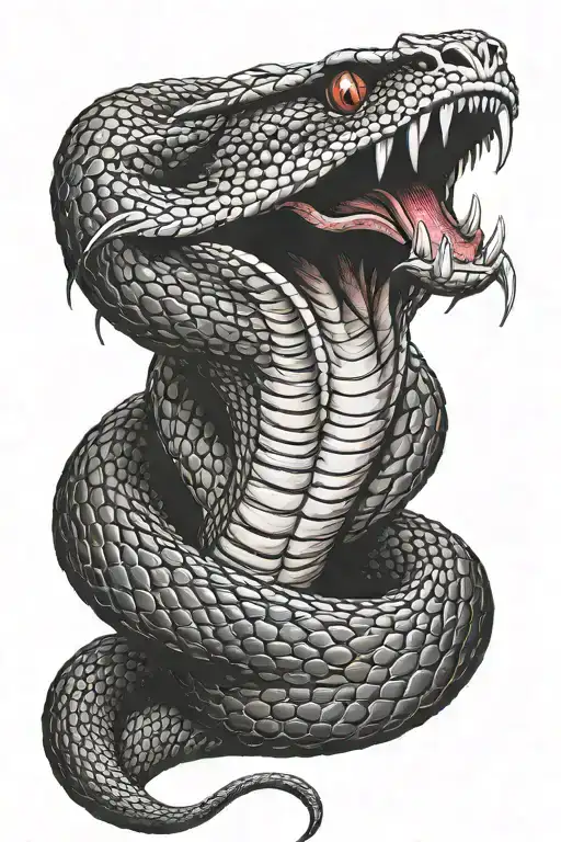 A ferocious black king cobra with intense red eyes and very detailed scales and tongue and big fangs charging at you wit tattoo design idea
