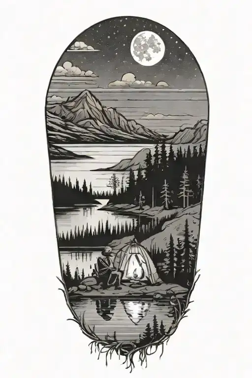 Man, woman, child, sitting at campfire overlooking lake. Trees, mountains, moon in background. Little hut on the shore tattoo design idea