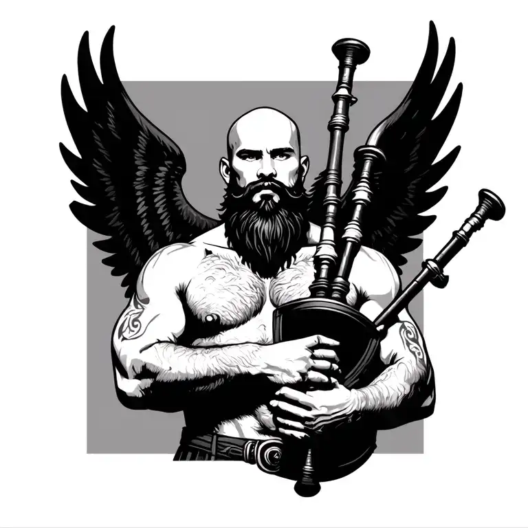 handsome scottish bagpiper bald black beard  muscular wearing pipes in arm big black wings shirtless tattoo tattoo design idea