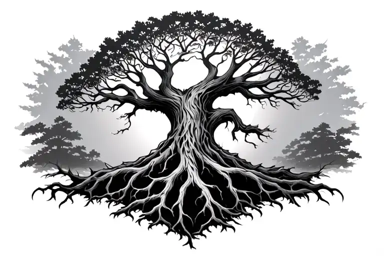 yggdrasil tree tattoo that will cover a man's chest and stop above the stomach tattoo design idea