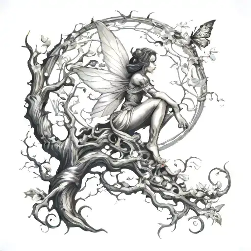 posion tree and a fairy sitting tattoo design idea