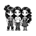 Create a single tattoo blaCK & WHITE design featuring three cartoon-style characters: two sisters, and the youngest bro tattoo design idea