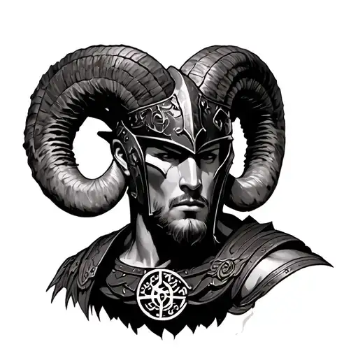 a warrior with a ram's horn helmet of the zodiac sign Aries, with the sign of chaos on his chest tattoo design idea