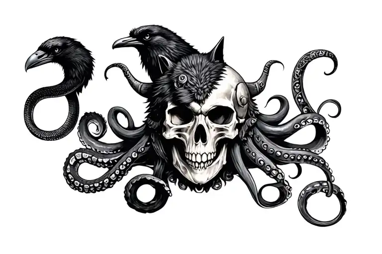 Viking skull with wolf, crow, black snake and octopus tattoo design idea