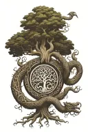 yggdrasil tree sorrounded by Jörmungandr eating his own tail like Uroborus with aztec motifs and style tattoo design idea