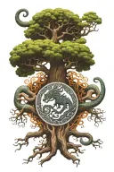 yggdrasil tree sorrounded by Jörmungandr eating his own tail like Uroborus with aztec motifs and style tattoo design idea