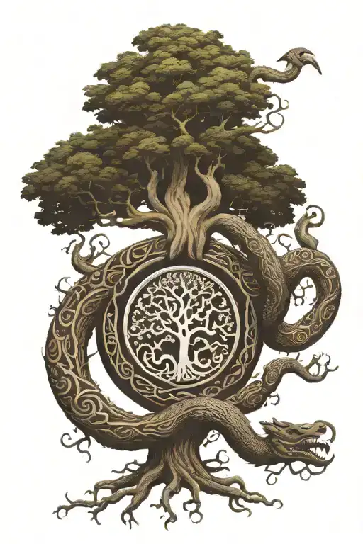yggdrasil tree sorrounded by Jörmungandr eating his own tail like Uroborus with aztec motifs and style tattoo design idea