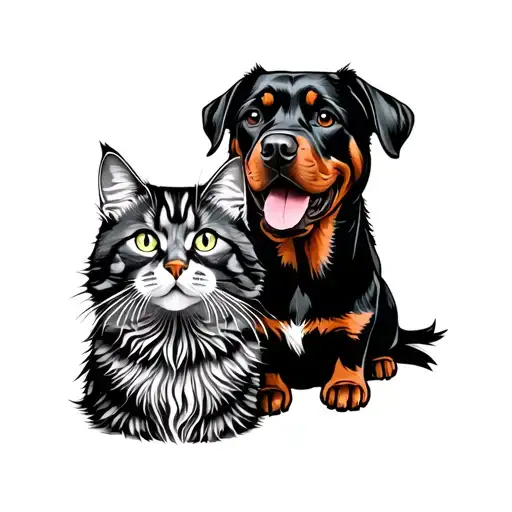 a Rottweiler and a Maine Coon cat make sure they are generating seperate and have distinct features tattoo design idea