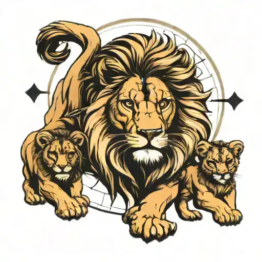 lion with cubs and compass tattoo design idea