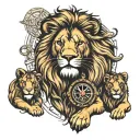 lion with cubs and compass tattoo design idea