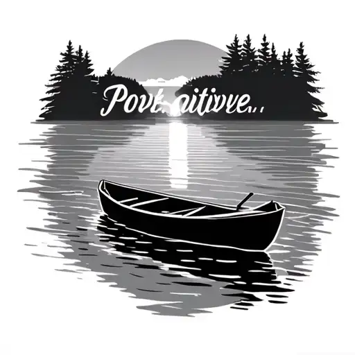 stream flowing with small row boat going towards sunset and positive words in water tattoo design idea