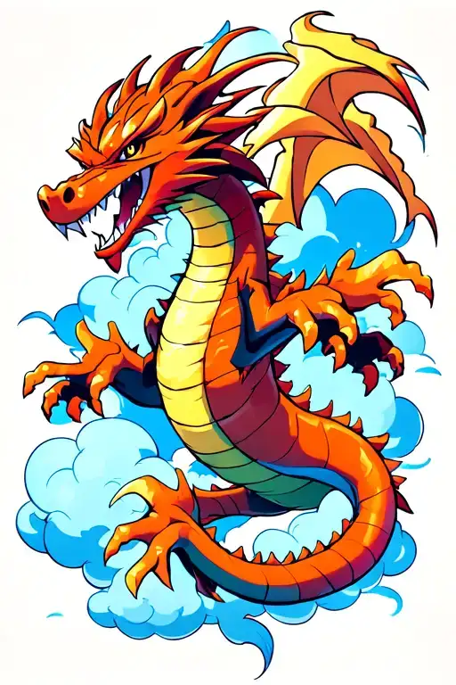 colored dragon flying like dragon ball style, with cloud, in a anime style tattoo design idea