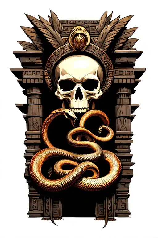 aztec temple with snakes and skulls  tattoo design idea