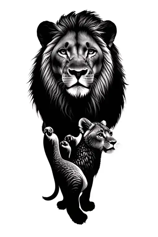 lion head, silhouette of lioness and 2 cubs playing tattoo design idea