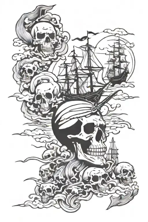 sea ​​with pirates, treasure, pistols, skulls, clouds, lightning, skeletons, storm, knives tattoo design idea
