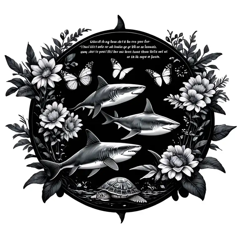 sharks in a circle, stingrays swimming up spine, flowers, butterflies, turtles and a quote tattoo design idea