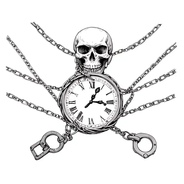 skulls wrapped in chains and a broken clock with hand cuffs tattoo design idea