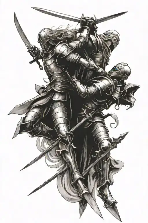 2 angels in plate armour fighting each other with swords tattoo design idea