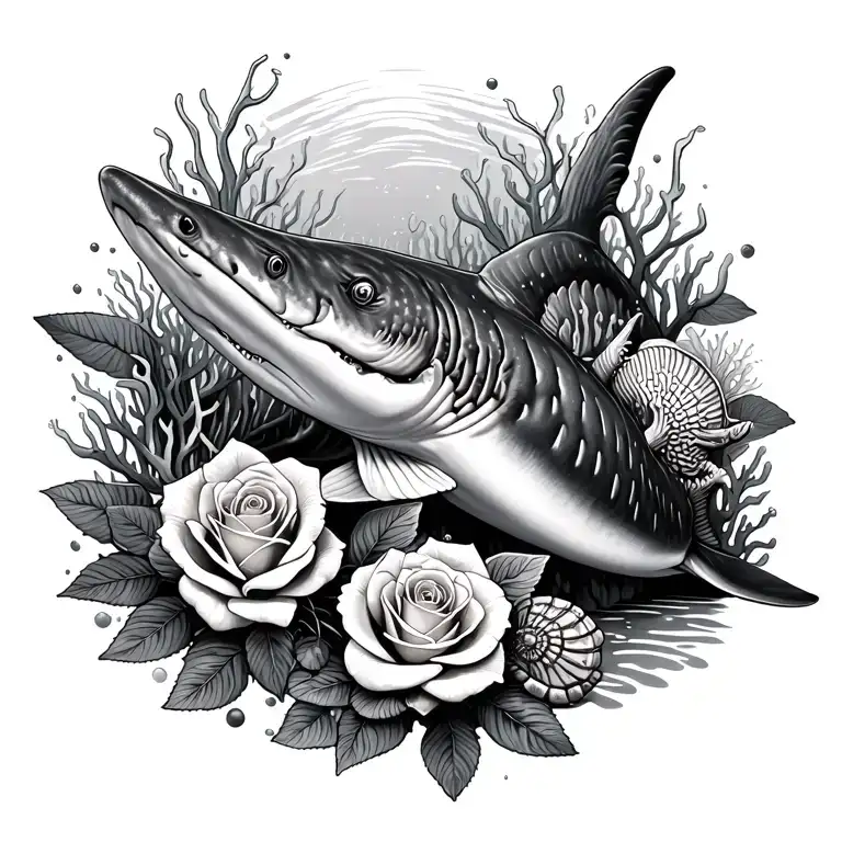 whale shark with roses intertwined with shells nearby and corals tattoo design idea