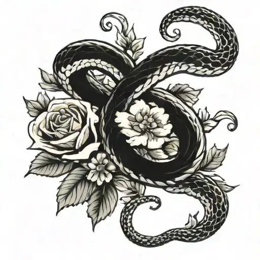 snake wrapped around a branch with the birth flowers of June, July, August, November, December  tattoo design idea