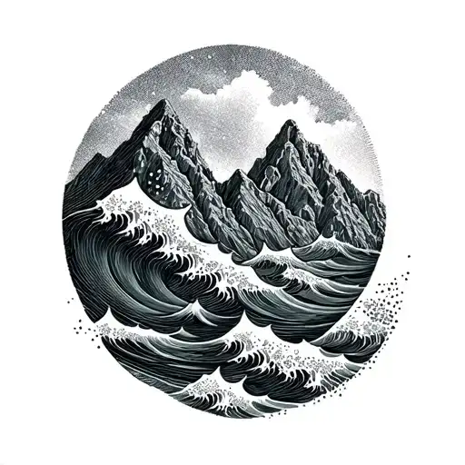 3 peak mountains and waves  tattoo design idea